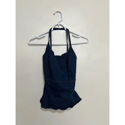 De Colección Bebe Denim Lavado Oscuro Halter Peplum Top Corbata Trasera Baja Espalda Talla 4 Foto 1 de 4