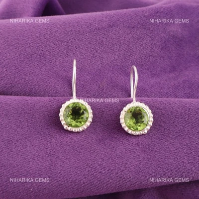 Rund Peridot Stein Haken Boho Lang Weihnachten Ehefrau Ohrringe Schmuck 925 - Bild 1 von 4