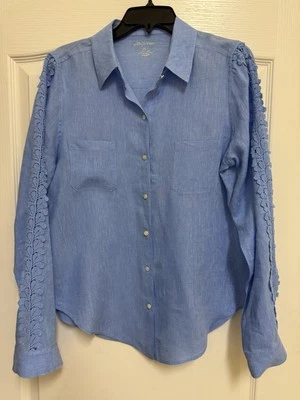 Блузка Lilly Pulitzer синяя льняная на шнуровке с длинным рукавом на пуговицах размер средний   - Изображение 1 из 4