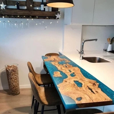 36x18" Live Edge Burled Wood Epoxy Bar Top | Custom Turquoise Resin Kitchen - Image 1 of 4