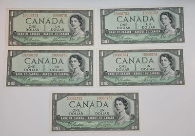 1 Dollar Devil's Face 1954 Ottawa Canada 5 Consecutive Banknote Lot, Crisp Unc - Image 1 of 4