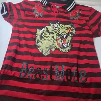 Polo Bleecker & Mercer Para Hombre Grande Rojo Rayas Rosas Tigre Bordado Talla L Foto 1 de 4