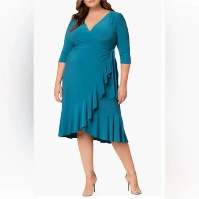 Lane Bryant Sz 14/16 0X Faux Wrap 3/4 Sleeves Ruffled Fit and Flare Dress - Image 1 of 4