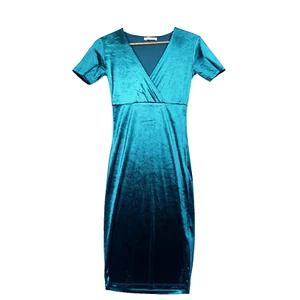 Zara Trafaluc Pencil Dress Women Small Teal Velvet Midi Surplice Neck Minimalist - Picture 1 of 10