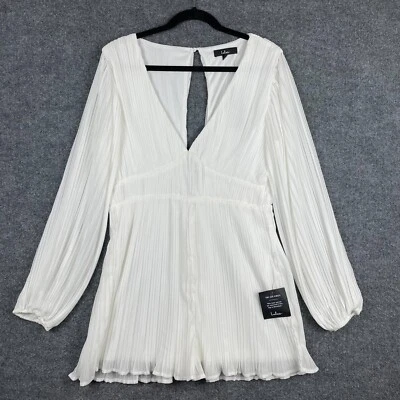 Lulus Women's Consistent Cutie Plisse Romper Large White Pleated Balloon Sleeve - Image 1 of 4