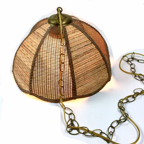 Vtg Boho Natural Woven Rattan Hanging Basket Pendant Lamp MCM Brass Chain Cover
