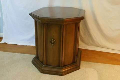 MCM Walnut Oblong Octagonal 1-Door Cabinet Side Table w/Open Compartment Cover