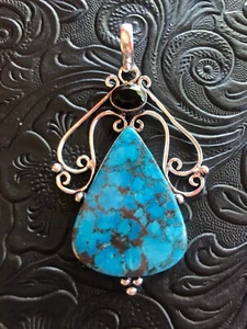Artisan Southwest Blue Turquoise Chocolate Matrix Modern Ornate Pendant 2.5" - Picture 1 of 4