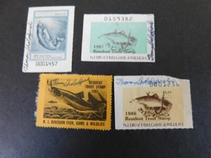 EE. UU., 4 SELLOS DE TRUCHA RESIDENTE DE NUEVA JERSEY 1981, 86, 87 Y 89, FIRMADOS - Imagen 1 de 1