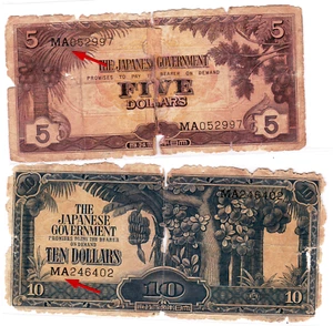 Mazuma *M4018 Malaya Japanese WWII JIM 1942 $5 MA052997, $10 MA246402 GOOD Only - Picture 1 of 2