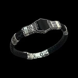 Brazalete de cuero con piedra de ónix y joyería de plata de ley 925 para hombre - Imagen 1 de 6