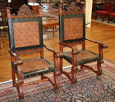 Stunning Pair of Neo Renaissance  Style Leather & Wood Throne Chairs Cover