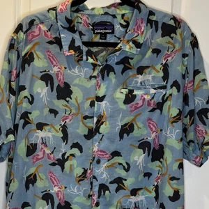 Patagonia Button Up AC Shirt Men Size Large Blue Spoonbill Bird Hawaiian Hemp - Bild 1 von 4