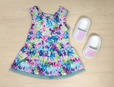 American Girl Doll Truly Me Meet Outfit Blue Floral Dress Sparkle Shoes New - Image 1 of 4