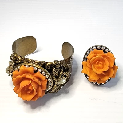 Juego de brazalete y anillo Sweet Romance OLIPOP naranja - resina melocotón rosa perla  Foto 1 de 4