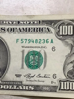 1993 One hundred dollar bill. Fancy serial number broken ladder. - Image 1 of 4