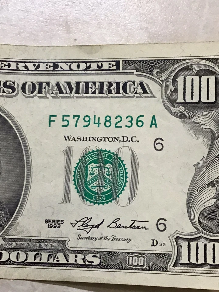 1993 One hundred dollar bill. Fancy serial number broken ladder. - Image 1 of 4