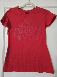Harley Davidson Red Womens Small T-Shirt Sequin Embellished Golden Isles GA - Picture 1 of 6