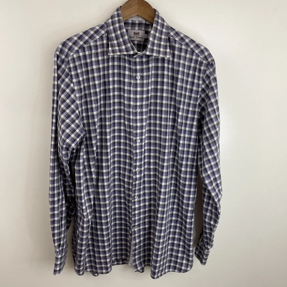 Hickey Freeman 衬衫男式 XL 紫色和黑色长袖纽扣 100% 棉 — 第 1/4 张图片