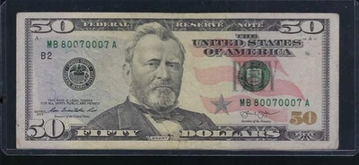 Very RARE 50 Dollar Bill 2013 Fancy SN Triple Digit MB Series 80070007 A - Image 1 of 2