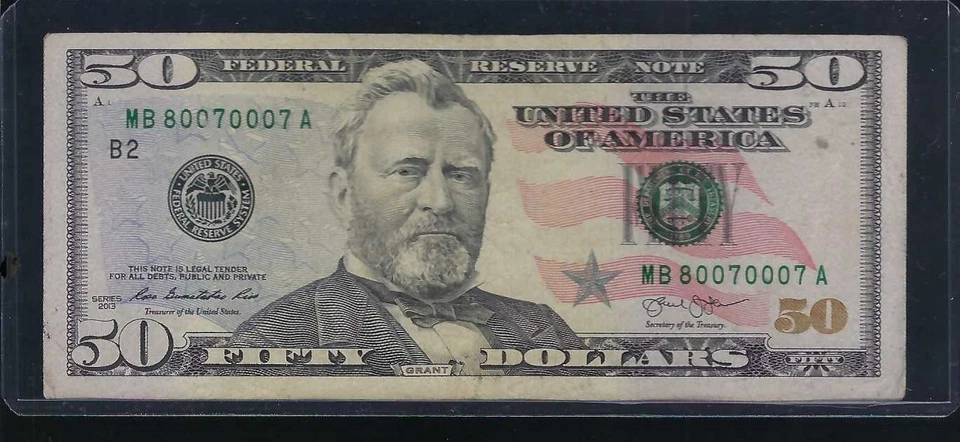 Very RARE 50 Dollar Bill 2013 Fancy SN Triple Digit MB Series 80070007 A - Image 1 of 2