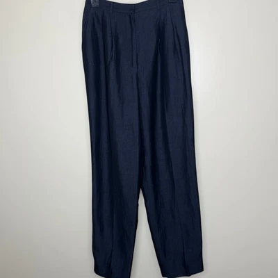 Kate Hill Linen Trouser Pants 4 Twilight Blue High Rise Tapered Work Pleated New - Image 1 of 4