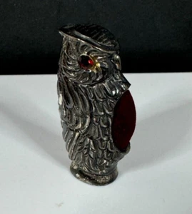 Vintage Owl w/ Red Rhinestone Eyes Mini Metal Red Velvet Pin Cushion - Picture 1 of 6