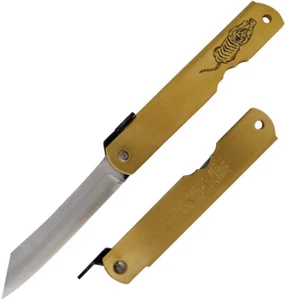 Higonokami Warikomi Folder Tiger Folding Knife 3.25 Blue Paper Steel Blade Brass - Picture 1 of 6