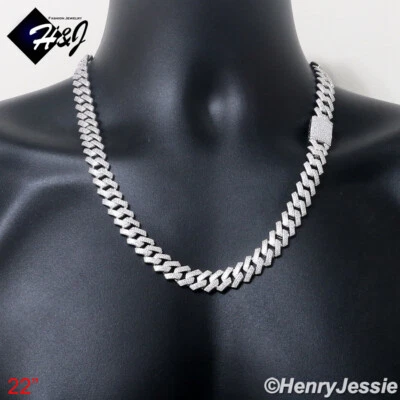 18"-24"MEN SOLID 925 STERLING SILVER 12MM ICY CZ MIAMI CUBAN CURB NECKLACE*SN21 - Image 1 of 4