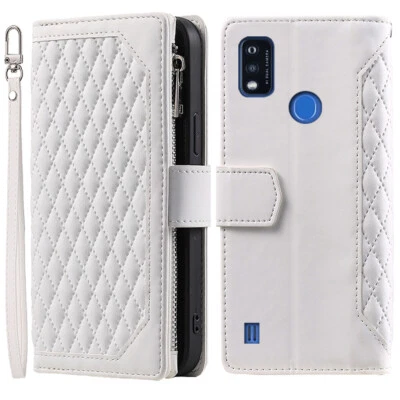 Estuche tipo billetera romboidal con cremallera de cuero de lujo para ZTE Blade A51 Foto 1 de 4