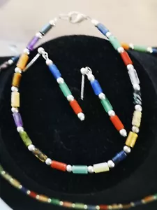 Silberfarbenes Schmuck-Set Vintage Halskette Armband Ohrringe echte Steine - Bild 1 von 13