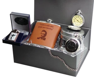 Johnny Cash signierter Geschenkkorb personalisierte Taschenuhr Hüftflasche Schlüsselring Set - Bild 1 von 4