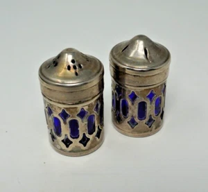 Vintage Silver tone Salt & Pepper Shakers with Cobalt Blue Glass Inserts - Picture 1 of 5