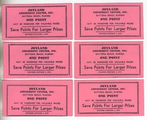 SIX 1972 JOYLAND Amusement Center DAYTONA BEACH FL 1-Point Tickets Very Clean! - Picture 1 of 2