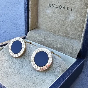 Bvlgari Bulgari Onyx Cufflinks Circle 18k Yellow Gold With Original Box - Picture 1 of 9