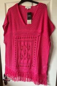 BNWT Pink Oversized NEXT Fringed Crochet Knit Jumper Kaftan Top Size M 12/14 - Picture 1 of 3