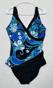 Longitude Faux Wrap Front Black Blue Floral One Piece Swimsuit Size 16 - Picture 1 of 11