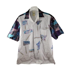 Camisa Abotonada Hoja Dorada India Vintage Geométrica Años 80 90 Blanco Azul Púrpura - Imagen 1 de 12
