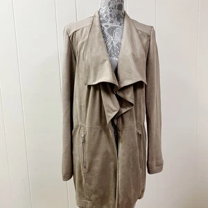 CHICOs Womens Faux Suede Ruffle Open Front Jacket SZ 2 (Large) Tan Career Mature - Picture 1 of 10