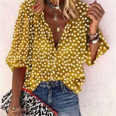 Blusa informal de gasa para damas Prendas para el torso sueltas Sexy Cuello en V Profundo para mujeres Foto 1 de 4