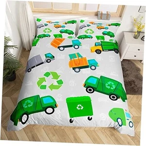 Boys Green Garbage Truck Duvet Cover Cartoon Trash Truck Bedding Set for Kids  - Picture 1 of 7