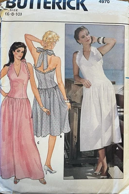 Vtg 80's Butterick 4970 HALTER DRESS Maxi Midi Knee sewing pattern 6-8-10 UNCUT - Image 1 of 2