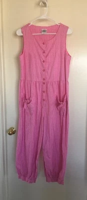 复古 Laura Ashley 粉红色条纹连身裤 L 码 100% 棉 — 第 1/4 张图片