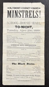 ALTIMONT CORNET BAND MINSTRELS SHOW BROADSIDE - 1889 PERFORMANCE - LUDLOW, VT - Picture 1 of 2
