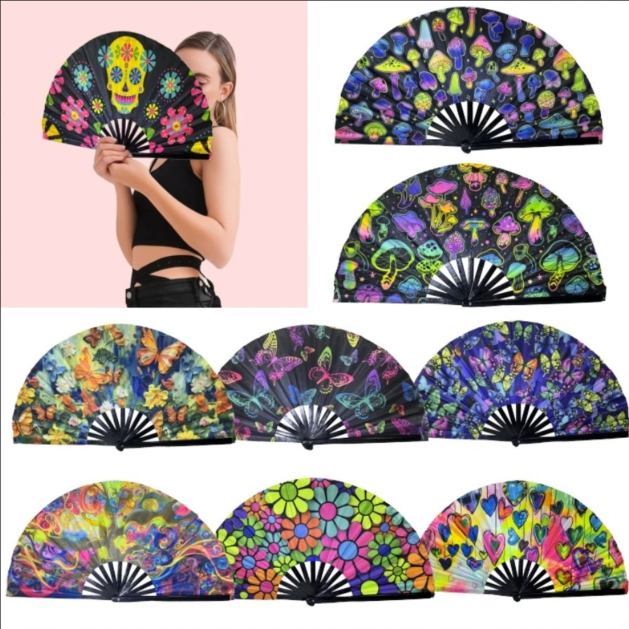 Bamboo Folding Hand Fan for Line Dancers – UV Glow Rave Fan Vibrant Fluorescent - Image 1 of 4