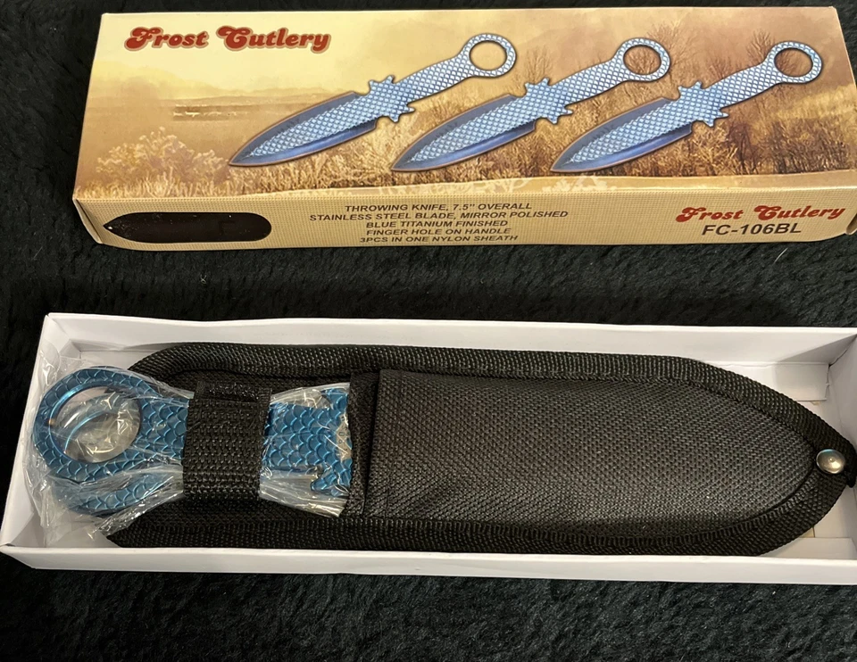JUEGO DE CUCHILLOS PARA LANZAR CUBIERTOS ESCARCHA 3 piezas con funda acabado titanio azul Foto 1 de 4