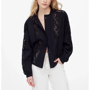 Madewell Lace-Inset Pintucked Button-Up Top Womens M Black Long Sleeve Eyelet - Picture 1 of 8