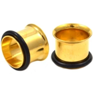 PAIR GOLD STEEL SINGLE FLARED O-RING TUNNEL EAR PLUGS GAUGES 8g 6g 4g 2g 0g 00g - Picture 1 of 5