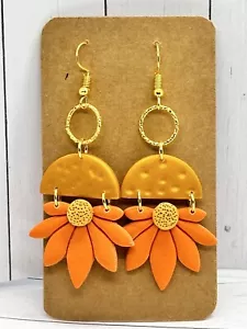 Terra Cotta & Gold Floral Dangle Handmade Statement Earring Set New #322 - Picture 1 of 2