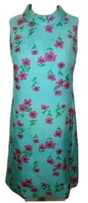 Vtg 70's Anika New York Women's 6 Silk Shift Dress Blue + Pink Floral Sleeveless - Image 1 of 4